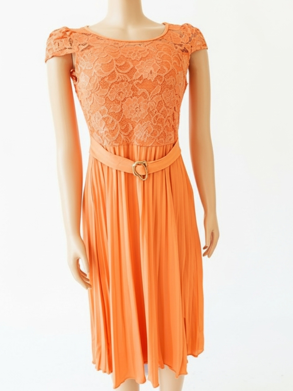 Women's Lace Top Pleated Midi Dress in Orange